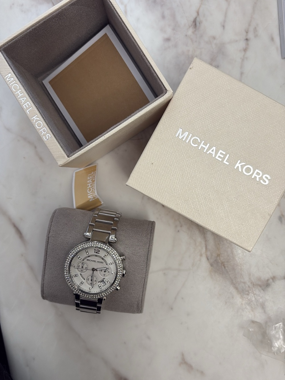 NWT & Box Michael Kors Parker Silver Crystal-Trim Chronograph Watch MK5353